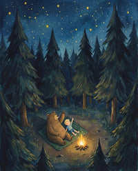 A bear and a child lying on a blanket in the forest pointing up at glowing constellations above while sitting beside a small fire surrounded by tall pine trees showing a sweet moment of connection and wonder emphasizing bear friendship and love
