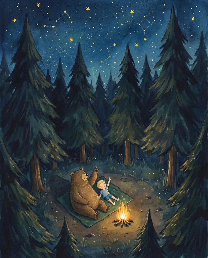 A bear and a child lying on a blanket in the forest pointing up at glowing constellations above while sitting beside a small fire surrounded by tall pine trees showing a sweet moment of connection and wonder emphasizing bear friendship and love
