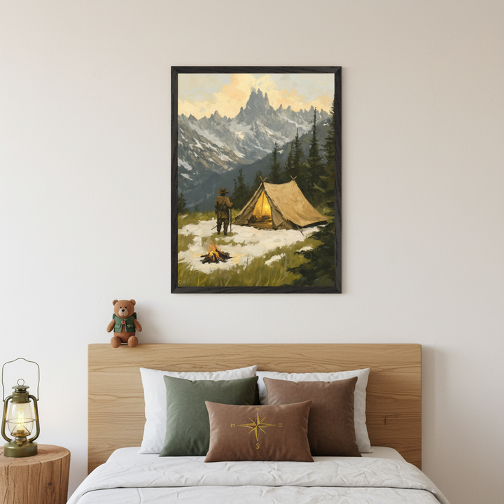 Modern neutral bedroom with a wooden headboard and bed. A large framed painting of a person by a tent and campfire in a snowy mountain landscape hangs centered above the bed. A teddy bear is on the headboard, a lantern on a wood stump beside the bed.