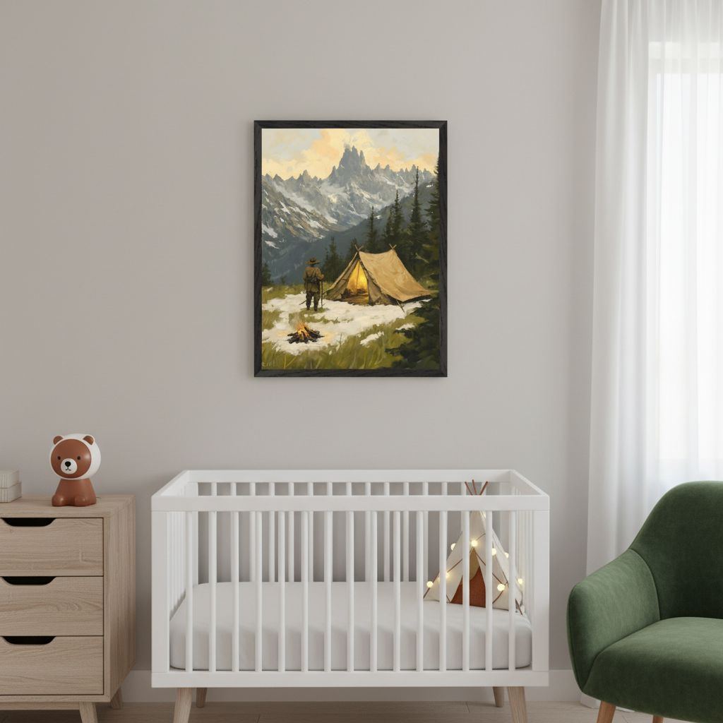 Modern nursery with white crib, wooden dresser, and green armchair. A framed painting of a snowy mountain landscape with a tent, campfire, and a person hangs above the crib and dresser.