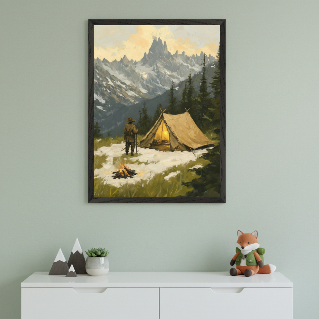 Modern room with a white dresser. A black-framed painting in a painterly style, depicting a snowy mountain scene with a camper, tent, and campfire, hangs above. Mountain figurines, a succulent, and a fox plush are on the dresser.