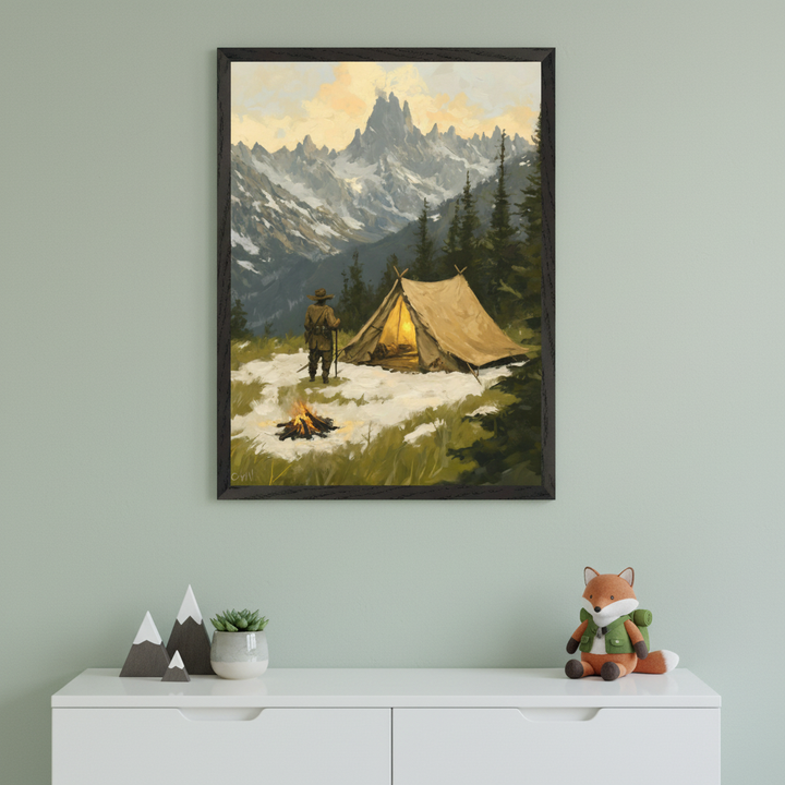 Modern room with a white dresser. A black-framed painting in a painterly style, depicting a snowy mountain scene with a camper, tent, and campfire, hangs above. Mountain figurines, a succulent, and a fox plush are on the dresser.