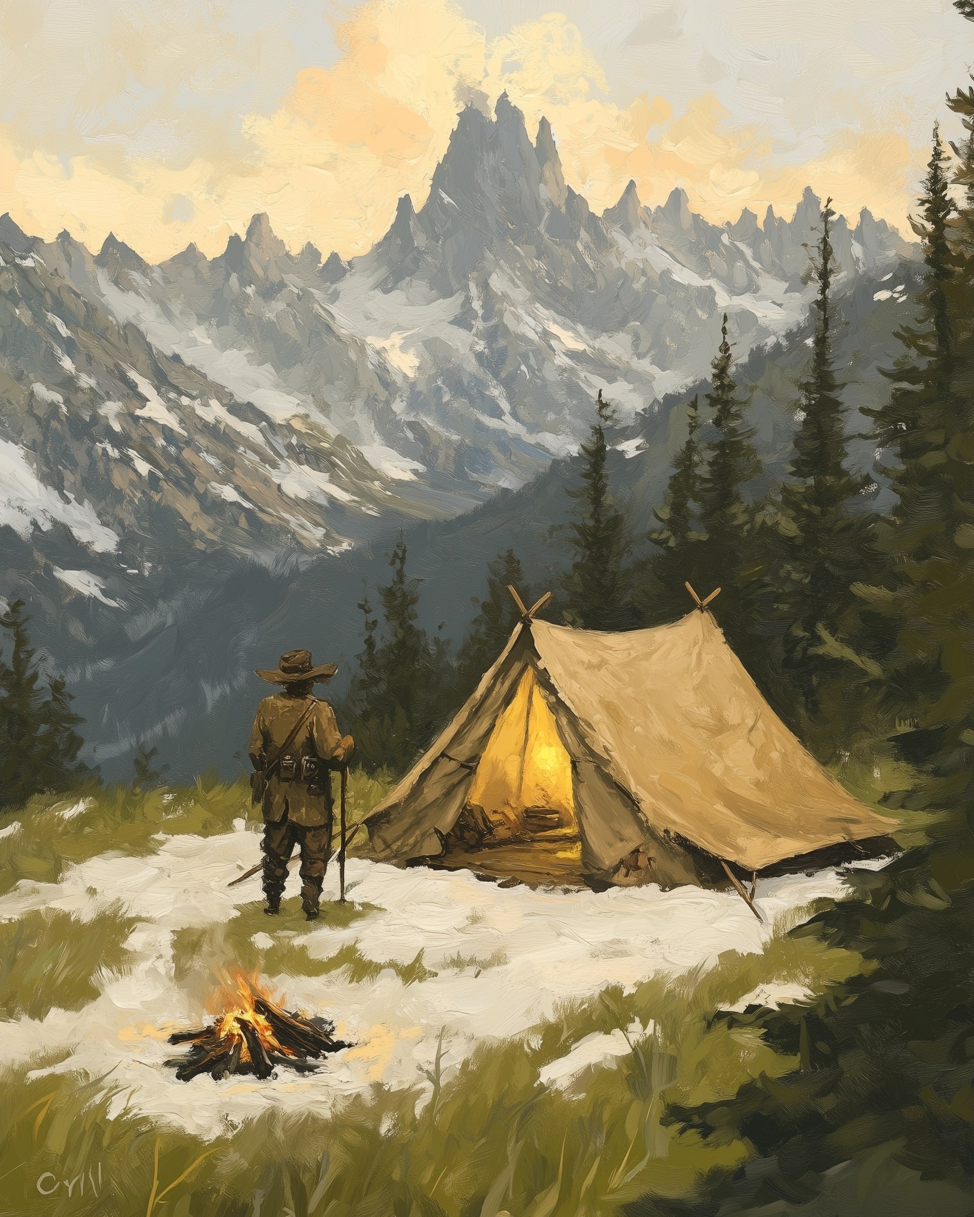 A lone figure in a wide-brimmed hat stands near a glowing canvas tent, overlooking a snow-dusted grassy field with a small campfire in the foreground, set against a backdrop of towering, jagged mountain peaks under a softly lit sky.