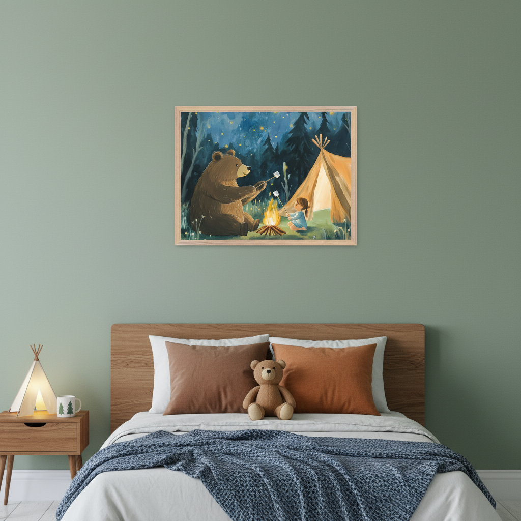 Kid's bedroom with a sage green wall. Framed painting of a bear and child roasting marshmallows by a campfire in a starry forest hangs above a wooden bed with brown pillows and a blue blanket. A wooden nightstand with a teepee lamp sits left.