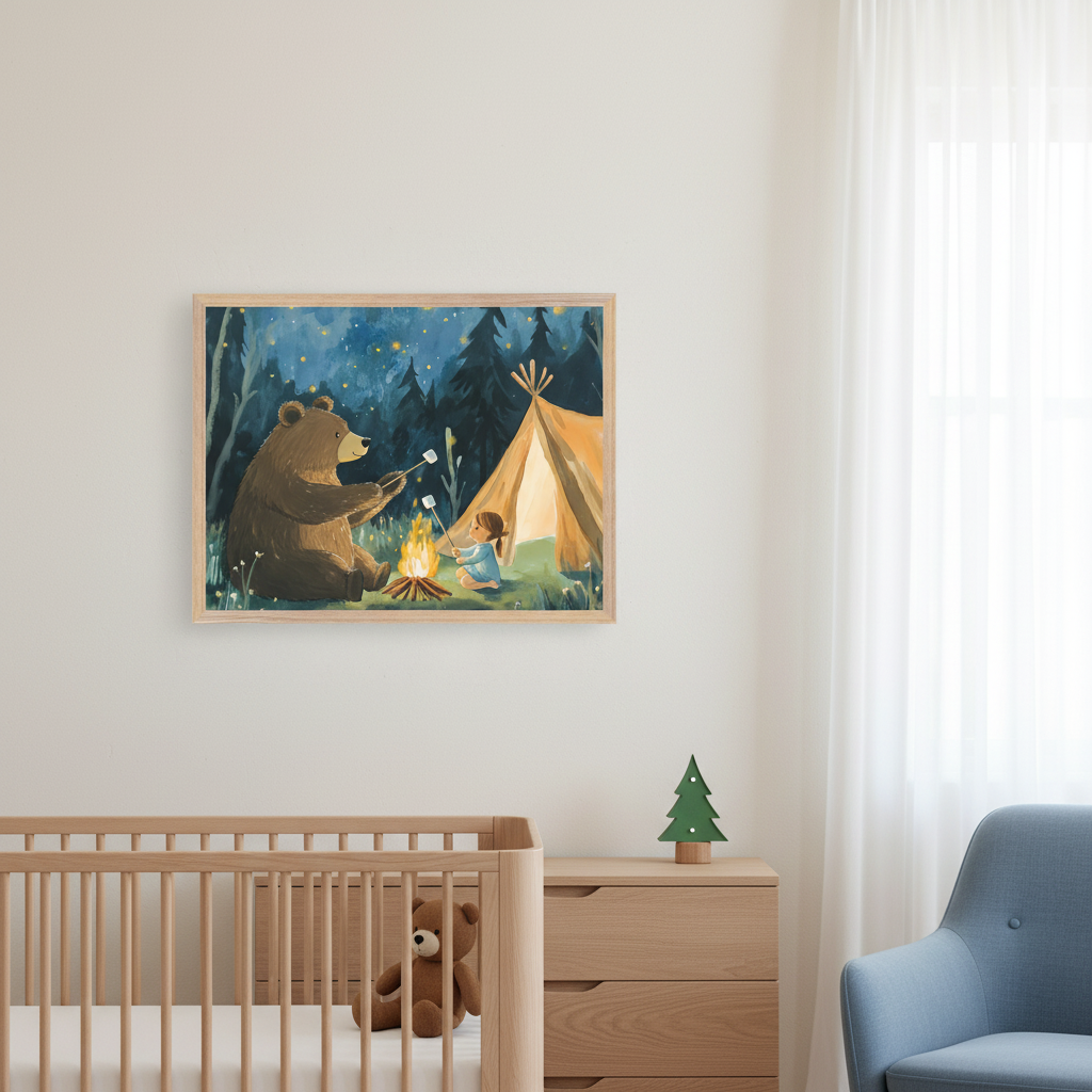 Modern nursery with a wooden crib and dresser. A framed whimsical illustration of a bear and a girl roasting marshmallows over a campfire next to a tent at night hangs on the wall above the crib and dresser. A blue armchair is to the right.