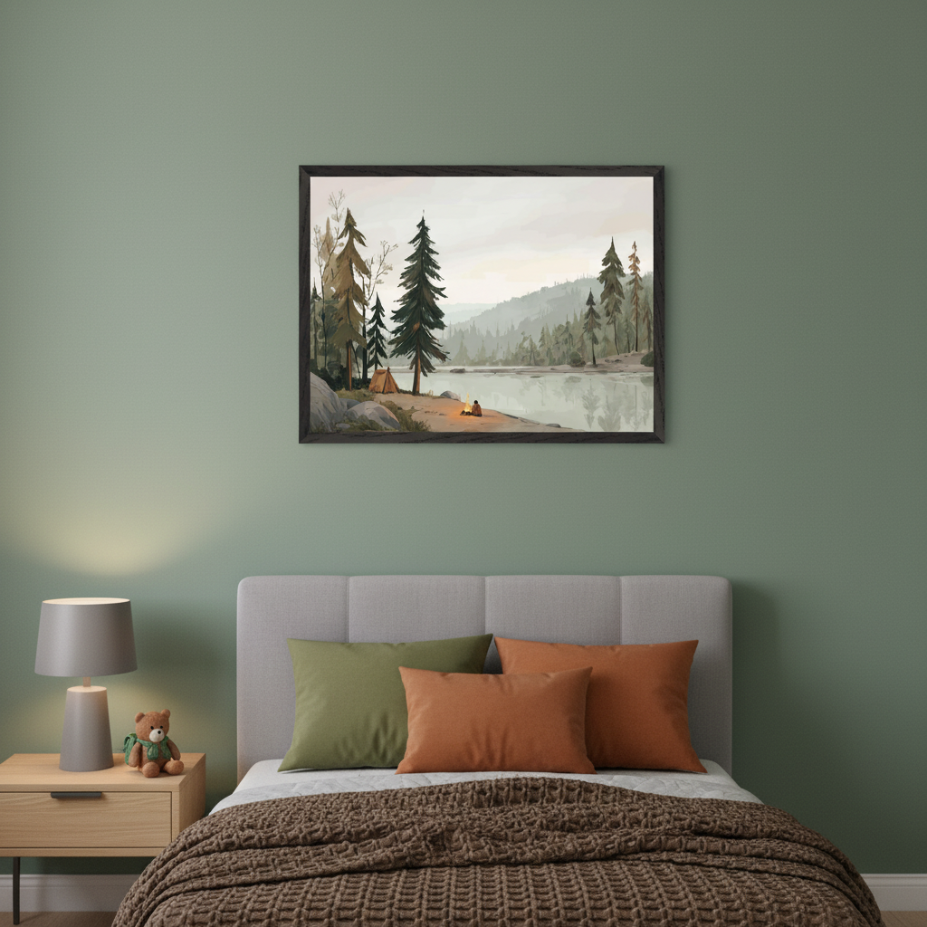 Bedroom with a grey bed and a light wood nightstand. A framed illustration of a lakeside camping scene with pine trees, mountains, a tent, and a person by a campfire hangs centered above the bed.