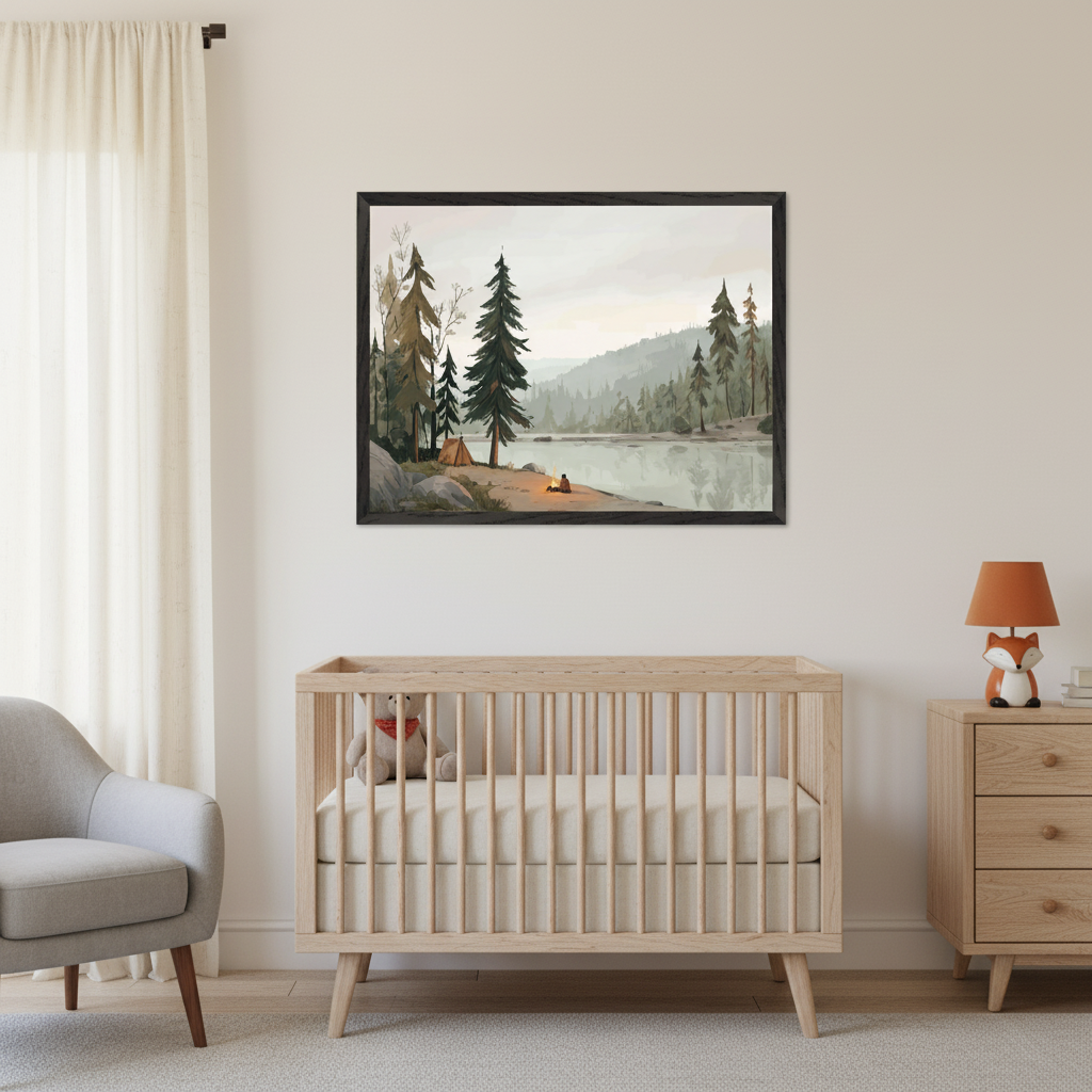 Modern nursery with a wooden crib, gray armchair, and dresser with a fox lamp. A black-framed painting of a landscape with a lake, pine trees, a tent, and a person by a campfire hangs above the crib and dresser.