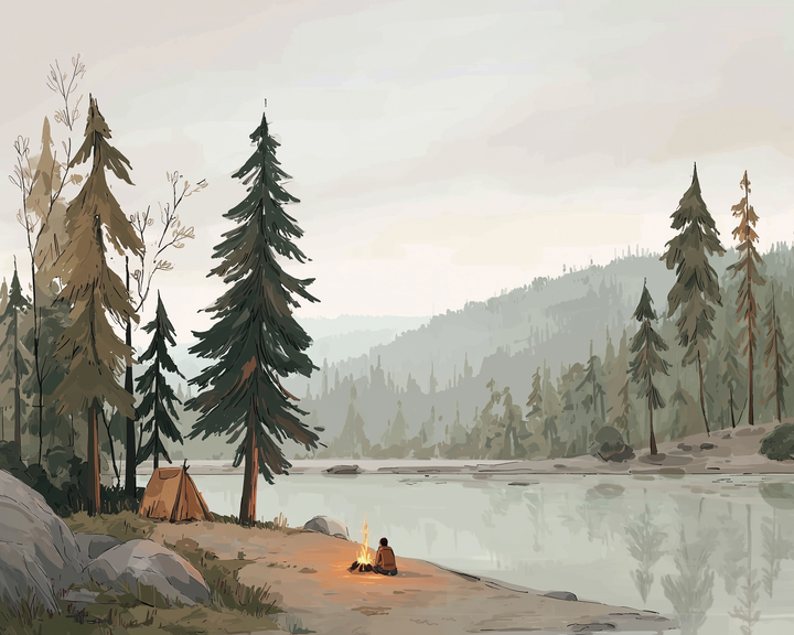 A person sits by a campfire near a tent on a tranquil lakeshore, surrounded by tall pine trees, with misty hills in the background under a soft, overcast sky.