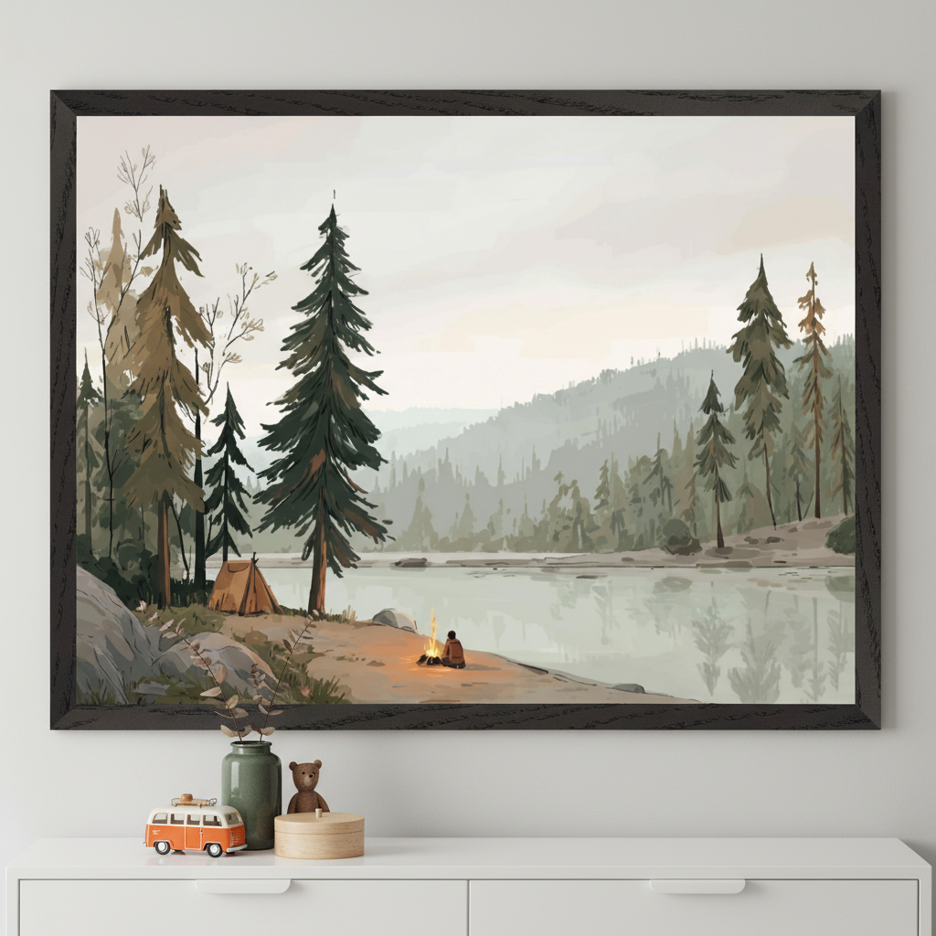 Kid's bedroom with a white dresser. A large framed, stylized illustration of a forest lake scene hangs above the dresser. It shows tall pine trees, a tent, a person by a campfire on the shore, and misty mountains.