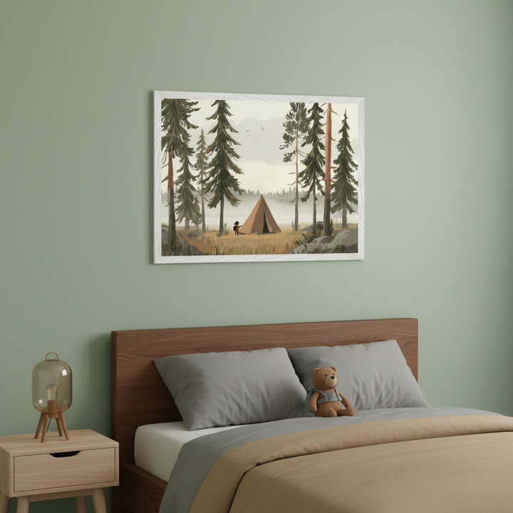 Kid's bedroom with a wooden bed, gray pillows, and beige duvet. A light wood nightstand with a glass lamp is on the left. A brown teddy bear sits on the bed. A framed illustration of a forest with a tent and a child hangs centered above the bed.