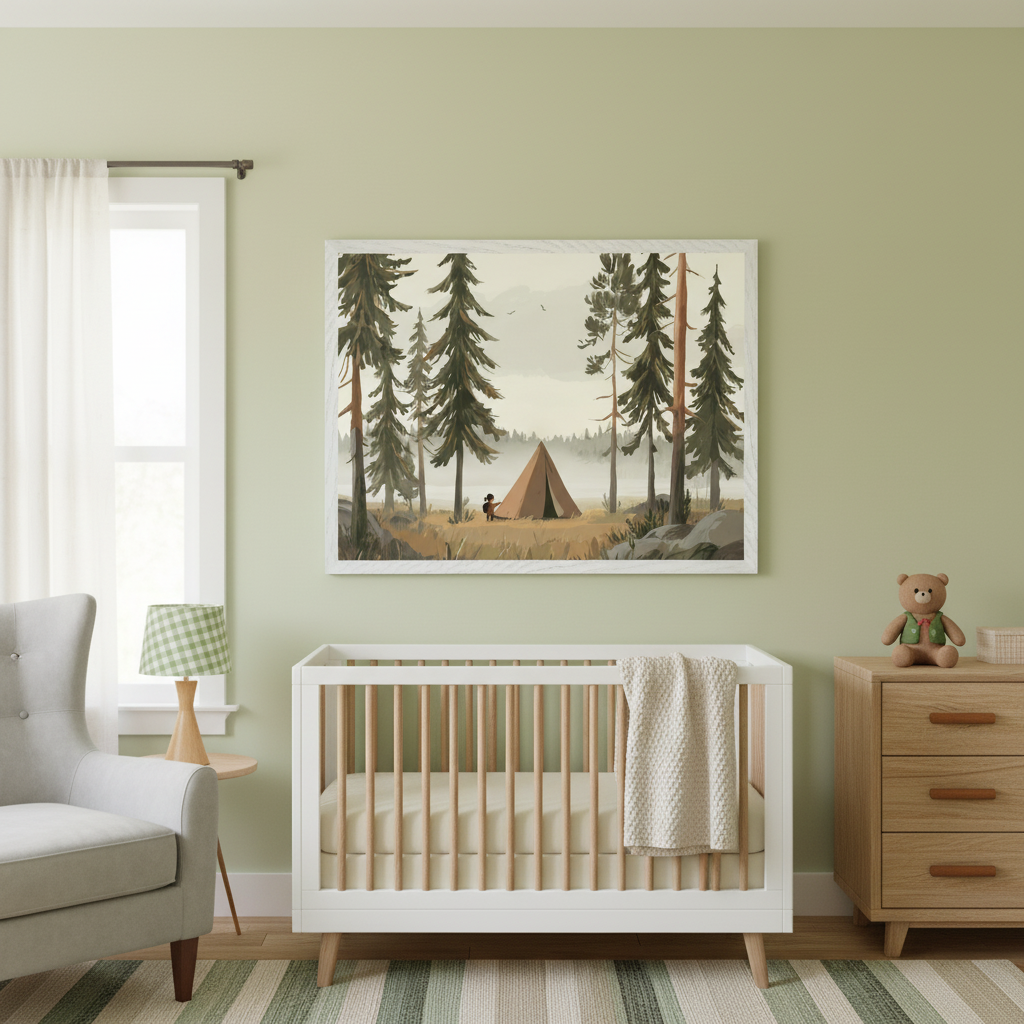 Modern nursery with light green walls and a striped rug. A large framed stylized illustration of a pine forest with a tent and child hangs above a white and wood crib, flanked by a gray armchair and a wood dresser.