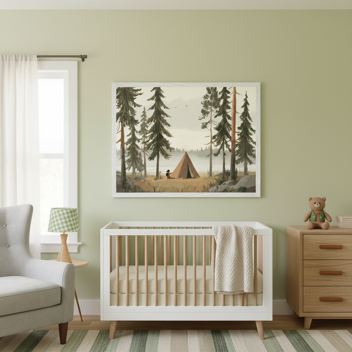 Modern nursery with light green walls and a striped rug. A large framed stylized illustration of a pine forest with a tent and child hangs above a white and wood crib, flanked by a gray armchair and a wood dresser.