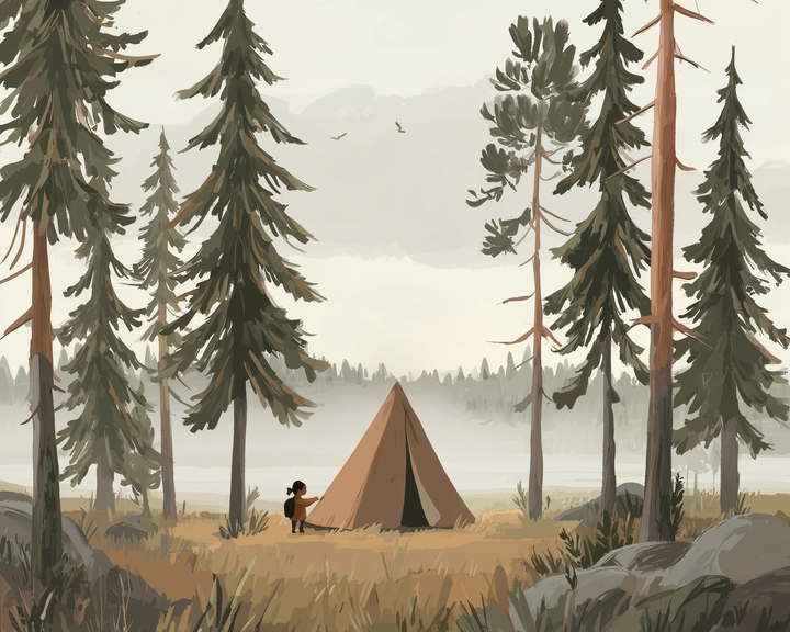 A serene forest scene features a small tent in a clearing surrounded by tall pine trees. A person with a backpack stands near the tent, adding a sense of exploration. The misty background and soft colors create a peaceful, atmospheric setting.