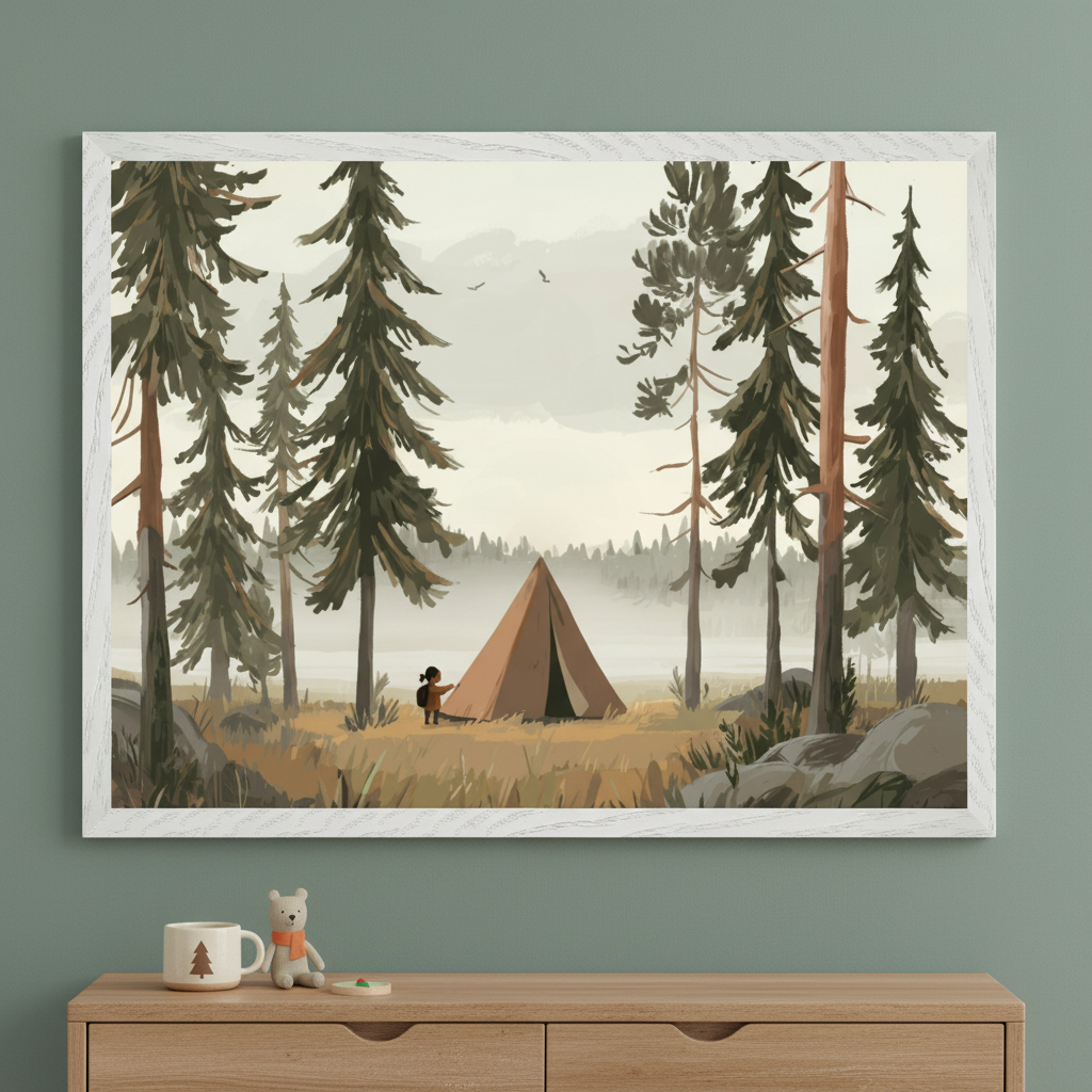 Framed illustration of a child standing beside a triangular tent in a misty forest clearing, surrounded by tall pine trees and distant foggy hills. The artwork hangs on a green wall above a wooden dresser with a teddy bear, tree-themed mug, and small wooden toy, creating a cozy, nature-inspired decor scene.
