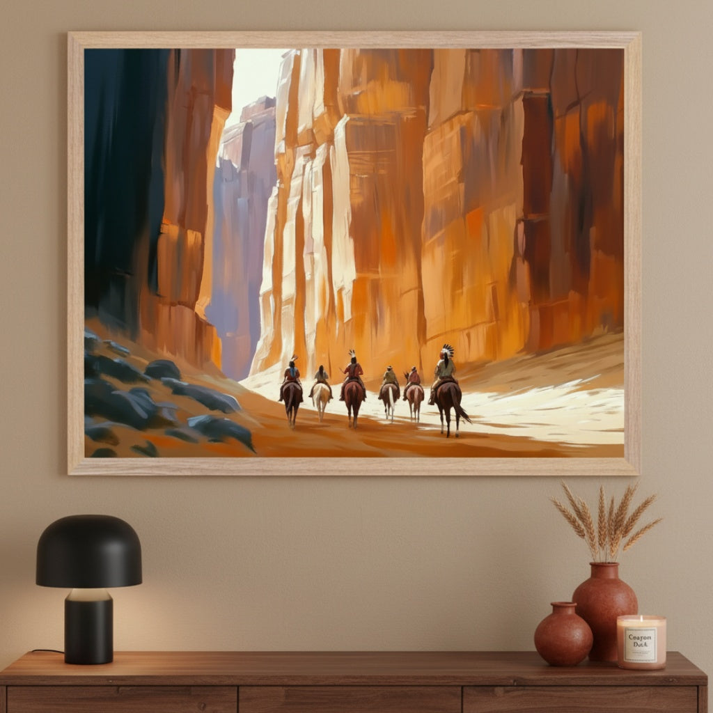 Modern room with a dark wooden console table. A large framed painting of six Native American riders on horseback traversing a desert canyon, in a painterly style, hangs centered above the table. A black lamp, two ceramic vases, and a candle are on the table.