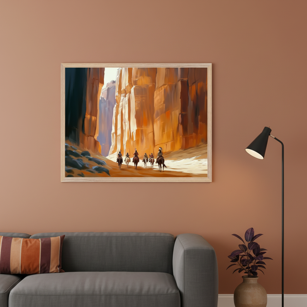 Modern living room with terracotta walls and a dark grey sofa. A large, light wood framed painting of horse riders in a sun-drenched canyon with towering orange rock walls, in a painterly style, hangs centered above the sofa.