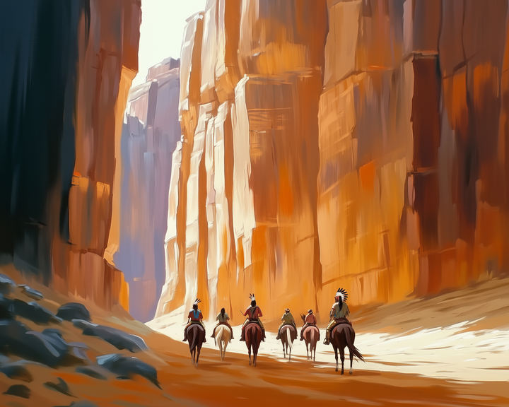 A group of five riders on horseback travels through a majestic canyon with towering, sunlit orange and brown rock walls.