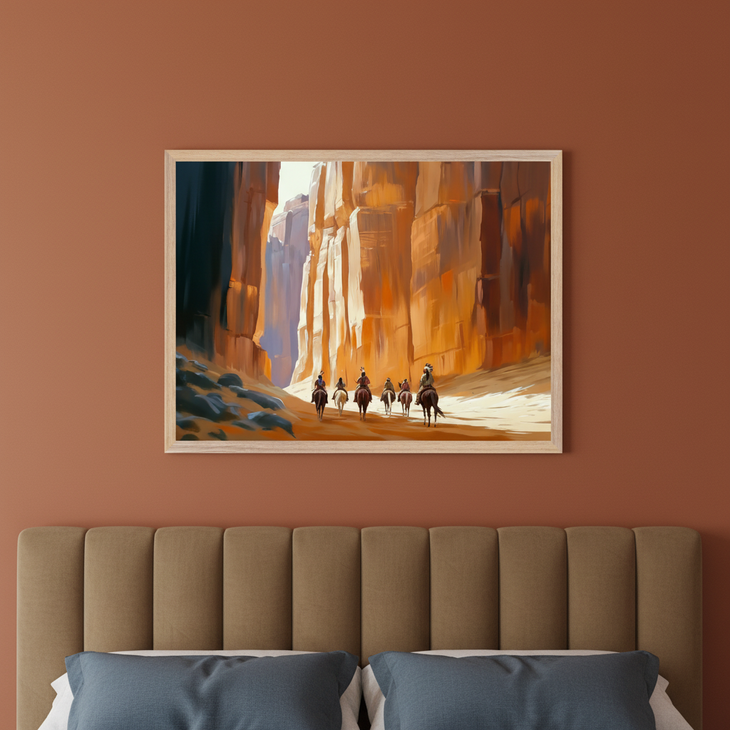 Bedroom with a tan padded headboard and blue pillows. A framed painting of people on horseback riding through a sunlit canyon with towering orange walls hangs centered above the bed.