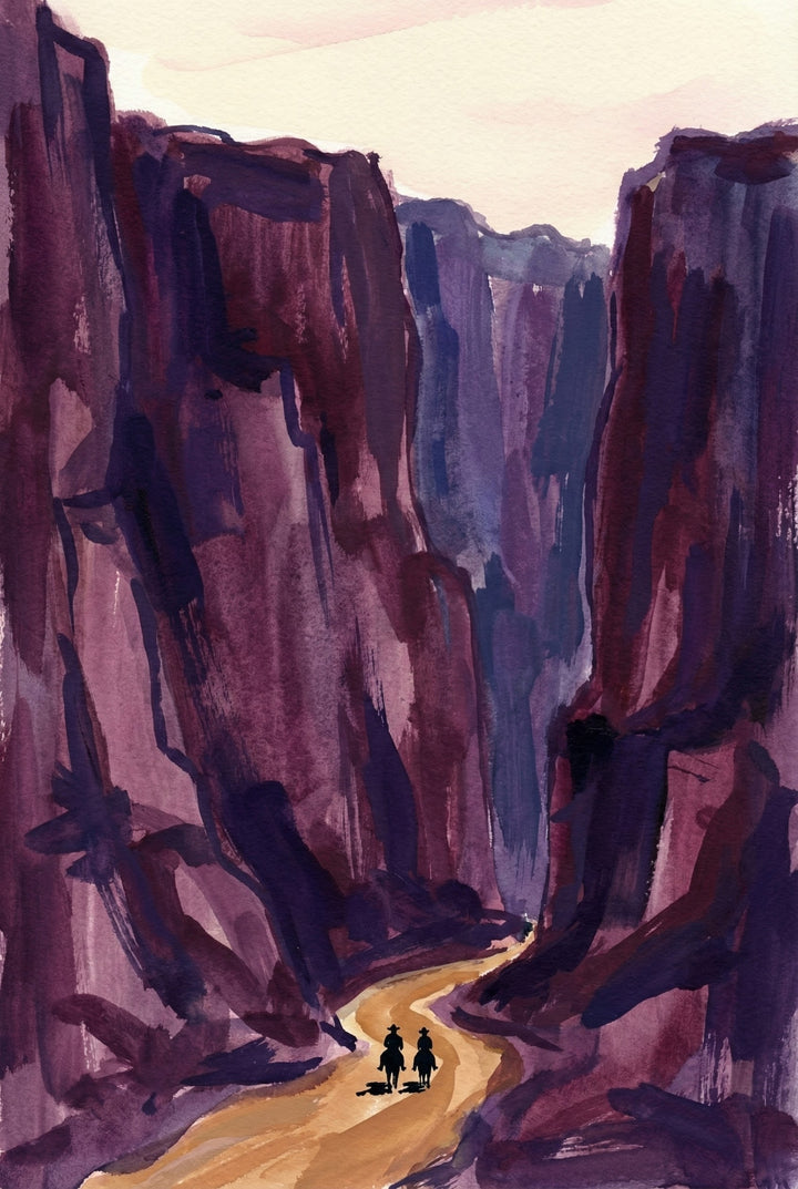 Watercolor painting of two cowboys on horseback riding through a towering canyon with steep, purple-toned rock walls. The winding golden trail beneath them contrasts with the dramatic shadows, creating a cinematic Western desert scene.