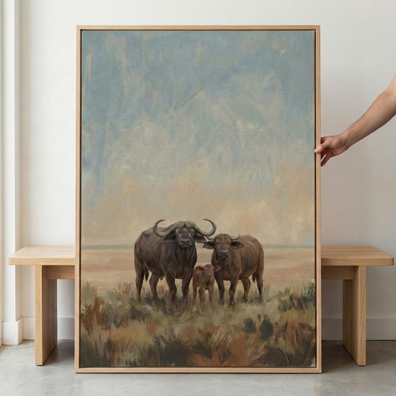 The illustration is rendered in a soft, impressionistic style with visible, textured brushwork, using a palette of earthy browns and tans for the animals and landscape, and muted blues and grays for the expansive, hazy sky. The artwork is enclosed in a minimalist, light-toned