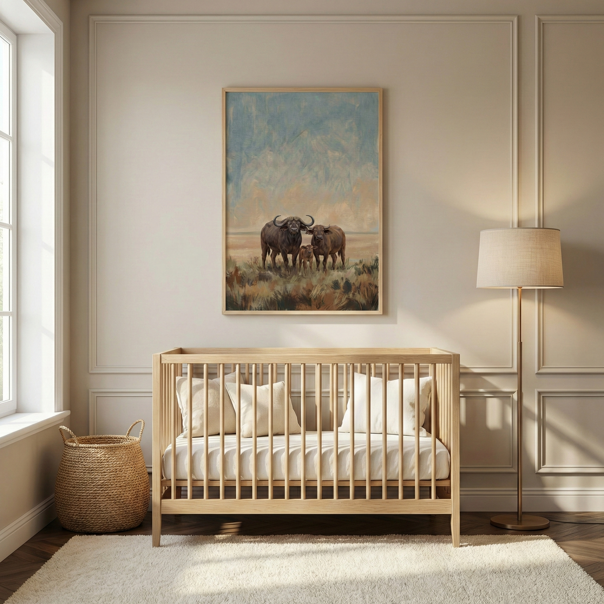 A peaceful nursery features a natural wood crib centered on a wall with decorative molding. Above the crib hangs a large framed artwork showing a family of three water buffalo in a vast, grassy landscape under a soft sky. To the left is a rounded woven basket, and to the right is a tall floor lamp with a beige shade. A plush white rug covers the dark wood floor, creating a warm and neutral atmosphere.
