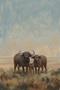 Painting of two adult cape buffalo and a calf standing close together in tall, dry grass, with a hazy pastel sky stretching across the open plains.