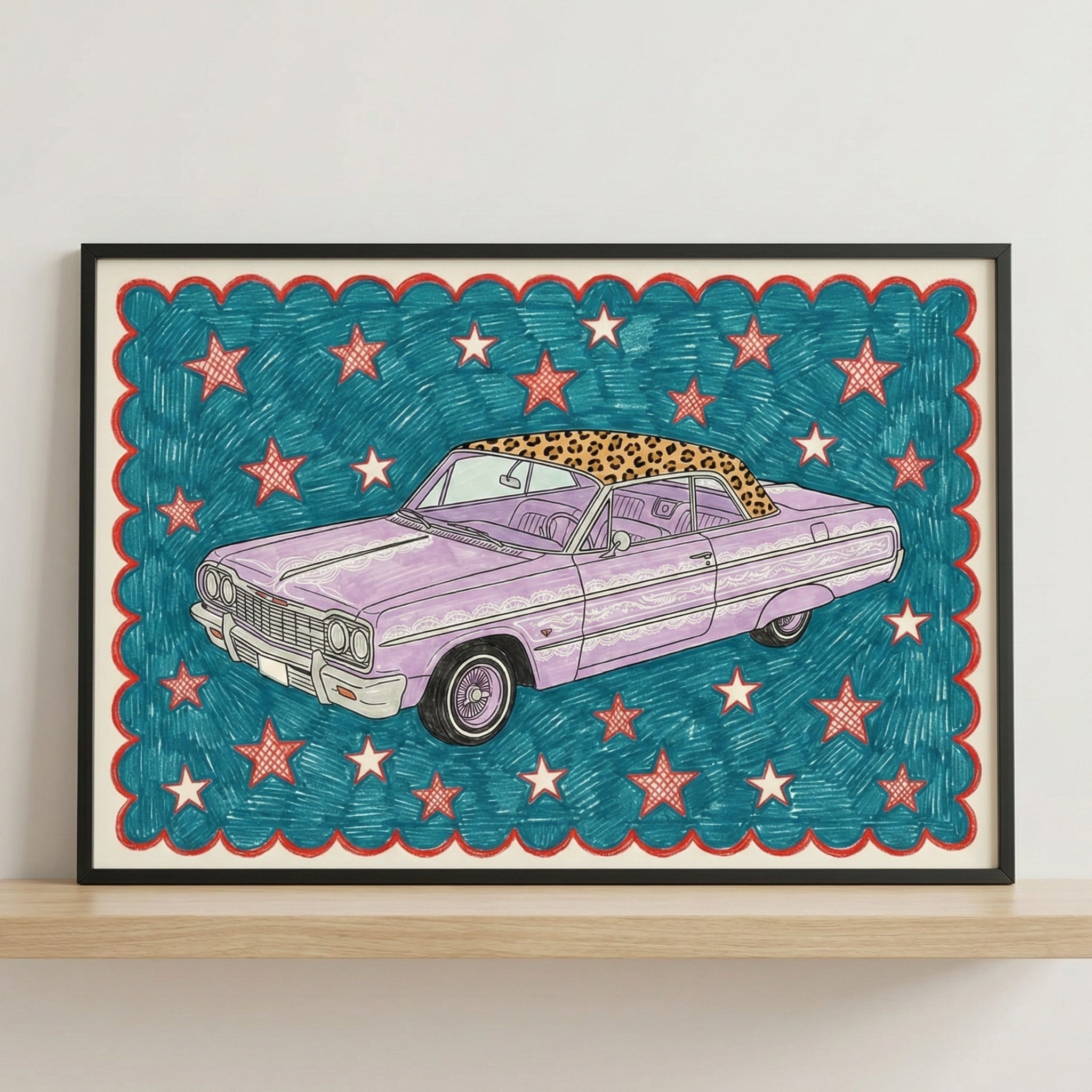 Framed illustration of a purple classic car with leopard-print detailing displayed above a neutral wooden crib in a cozy nursery. The bold automotive-themed artwork adds a whimsical pop of color to the soft, modern room.
