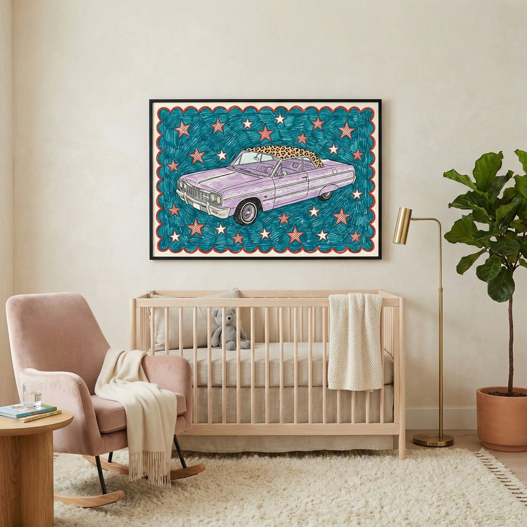 Illustration of a vintage purple car with white decorative detailing and a leopard-print roof, set against a teal background filled with red and white stars. The whimsical automotive artwork is framed by a red scalloped border, giving it a bold and playful pop-art style.