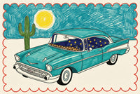 Illustration of a vintage teal car with whitewall tires, starry blue curtains, and leopard print trim, parked in a desert scene with a cactus and bright yellow sun under a deep blue sky. The artwork is bordered by a red scalloped frame, blending playful and retro car-themed elements.