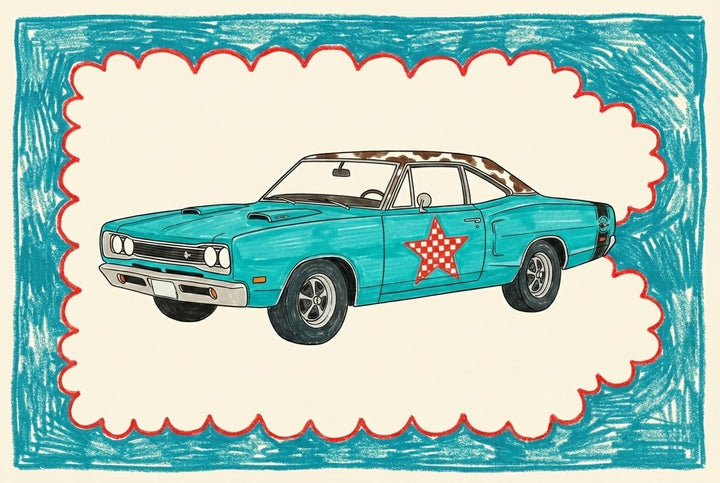Illustration of a teal vintage muscle car with a red-and-white checkered star on the door and a brown cow-print roof. The car is centered on a cream background framed by crayon-style teal and red cloud-like borders, giving it a playful, hand-drawn look.