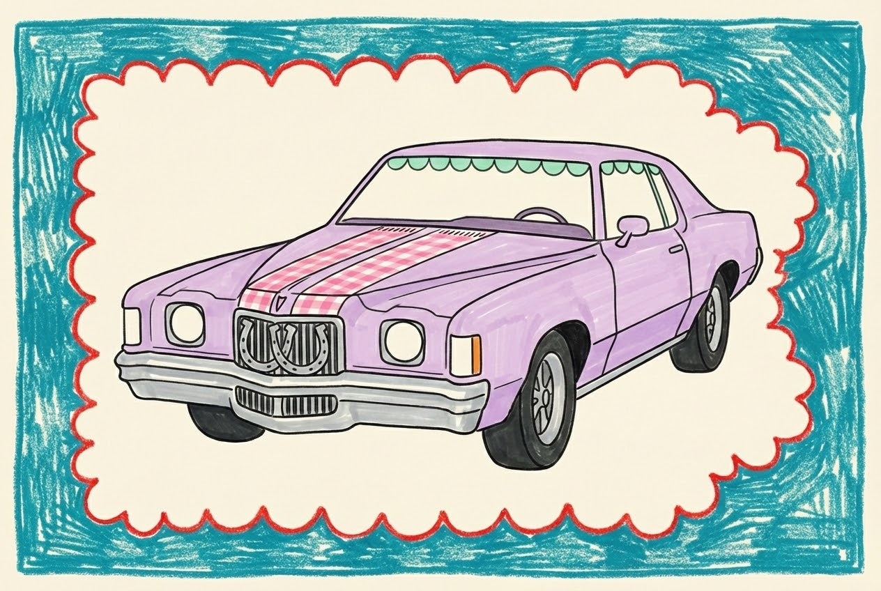 Illustration of a vintage lavender car with red and pink plaid racing stripes, framed by a whimsical scalloped border in red and teal. The drawing has a playful, hand-drawn style with exaggerated lines and bright colors, emphasizing the car's retro charm.