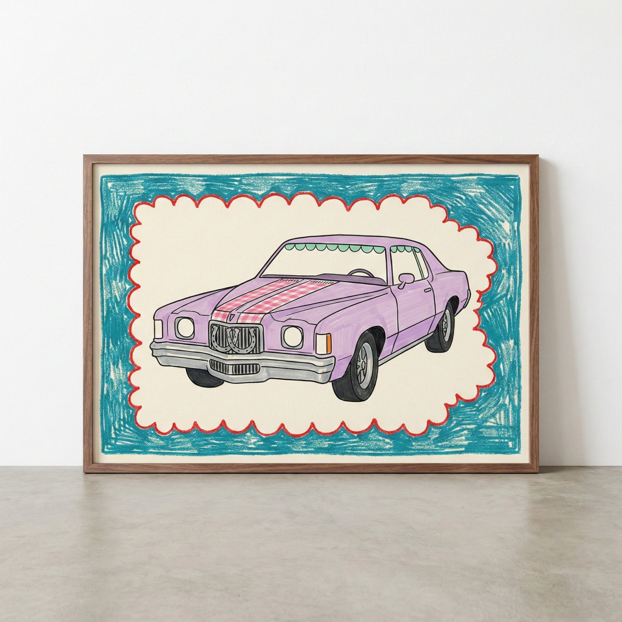 Framed artwork of a vintage purple car with red and pink racing stripes, drawn in a playful, cartoon-like style with a teal and red scalloped border.