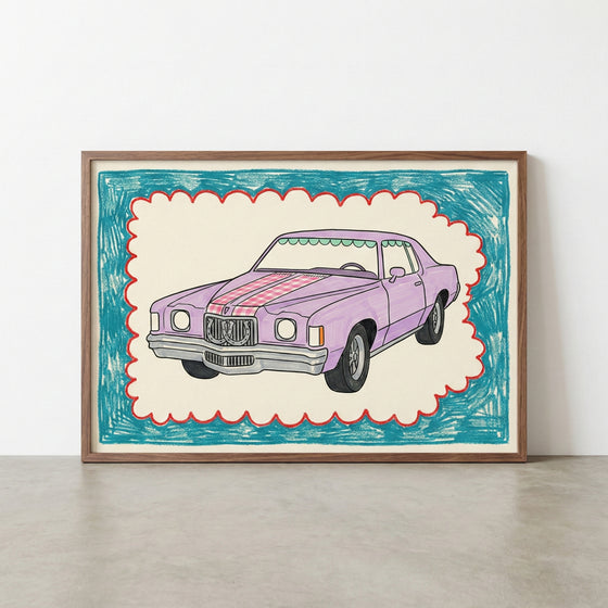 Framed artwork of a vintage purple car with red and pink racing stripes, drawn in a playful, cartoon-like style with a teal and red scalloped border.