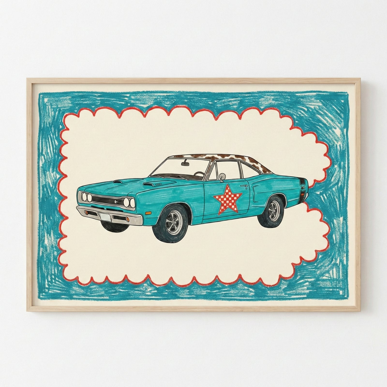 Framed illustration of a vintage teal muscle car with a red checkered star on the door, set against a cream and teal crayon-style background with scalloped red edges. The drawing has a playful, retro feel, emphasizing the car’s classic shape and bold colors.