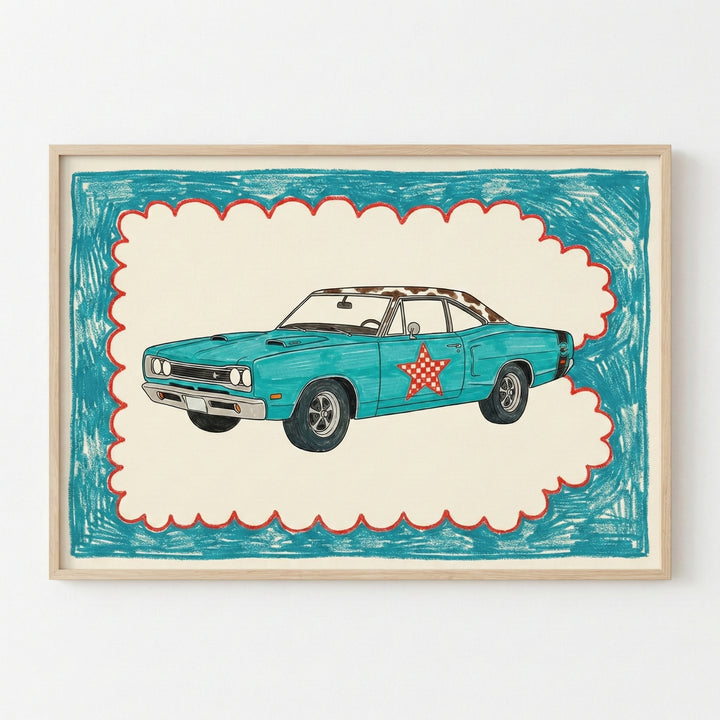 Framed illustration of a vintage teal muscle car with a red checkered star on the door, set against a cream and teal crayon-style background with scalloped red edges. The drawing has a playful, retro feel, emphasizing the car’s classic shape and bold colors.