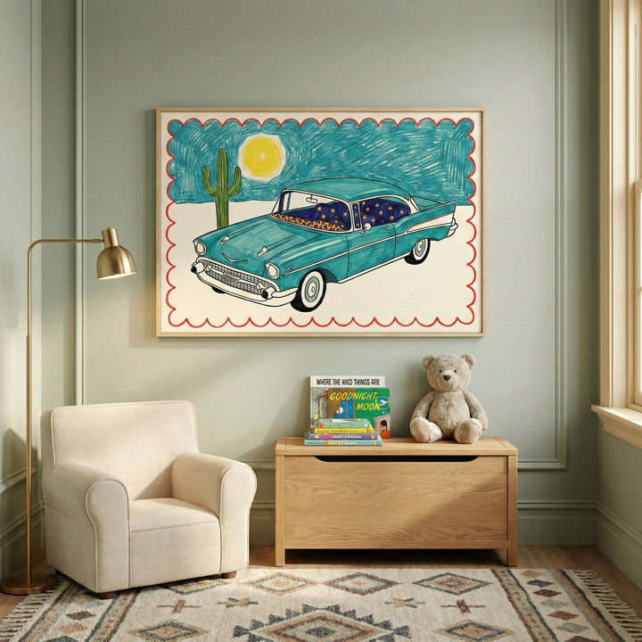 Framed drawing of a teal vintage car with starry curtains hanging on a wall in a cozy children’s reading nook, featuring a beige armchair, wooden toy chest with books, and a teddy bear.