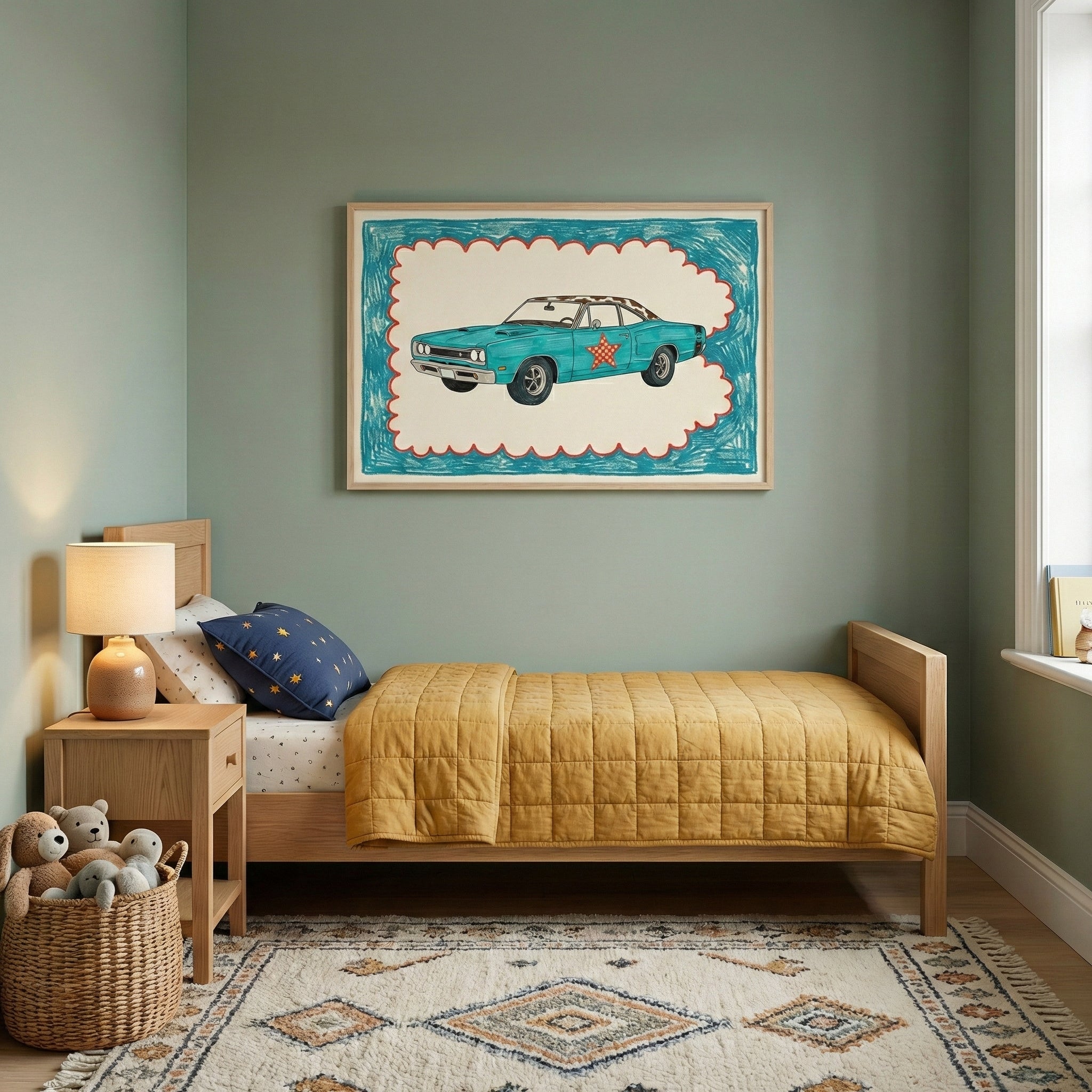 Children’s bedroom with a minimalist wooden bed and mustard yellow quilt, featuring a large framed drawing of a teal muscle car with a red star above the bed. The automotive artwork adds a bold, nostalgic touch to the soft, modern room design.
