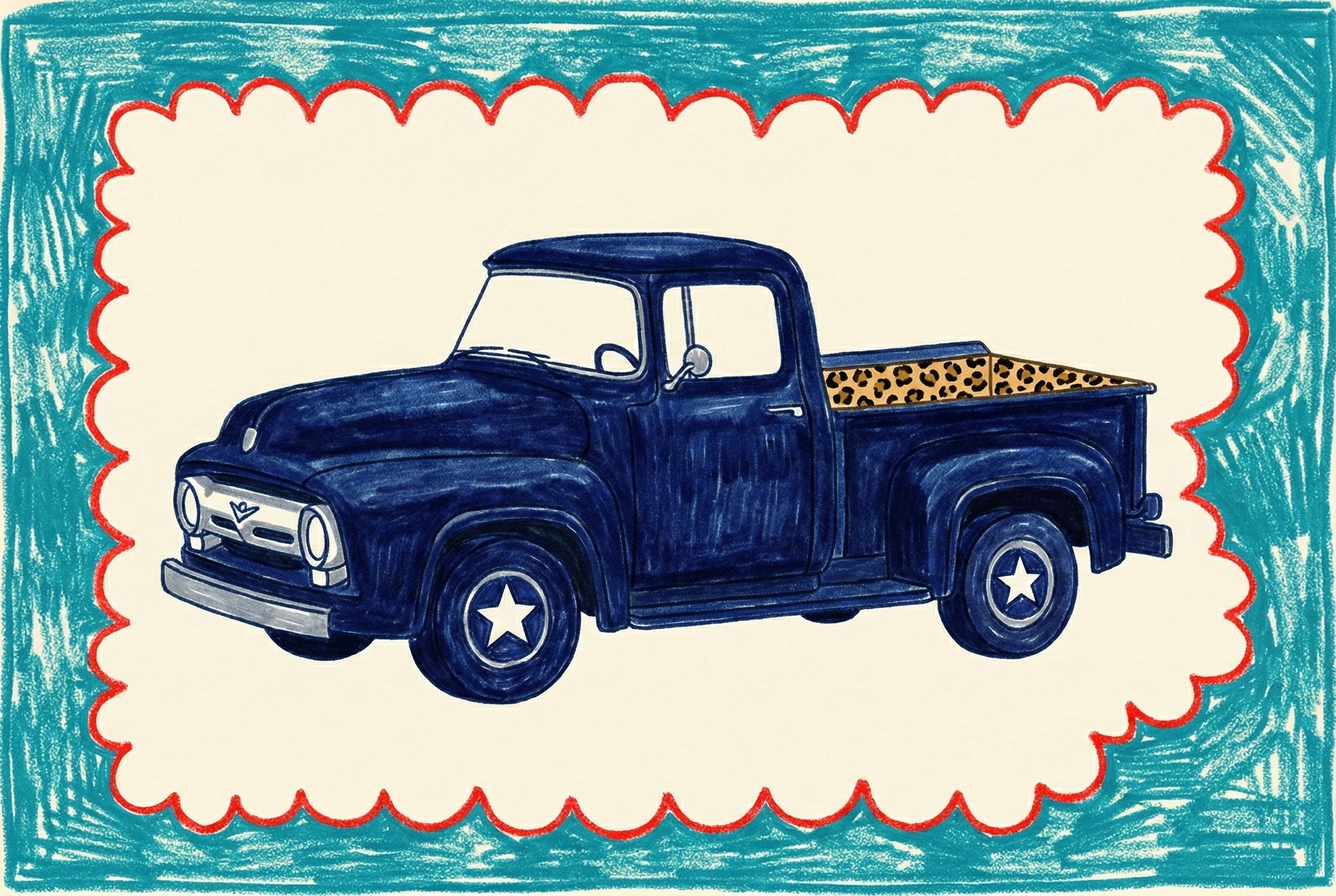Playful illustration of a vintage navy blue pickup truck with white star hubcaps and a leopard print truck bed, set against a cream background framed with scalloped red and teal crayon-like border. The artwork combines retro car design with whimsical patterns for a bold, decorative look.
