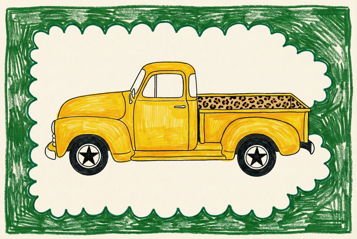 Hand-drawn illustration of a yellow vintage pickup truck with a leopard print truck bed, outlined with a scalloped green crayon-style border on a cream background. The playful, childlike art style gives it a whimsical and decorative feel.