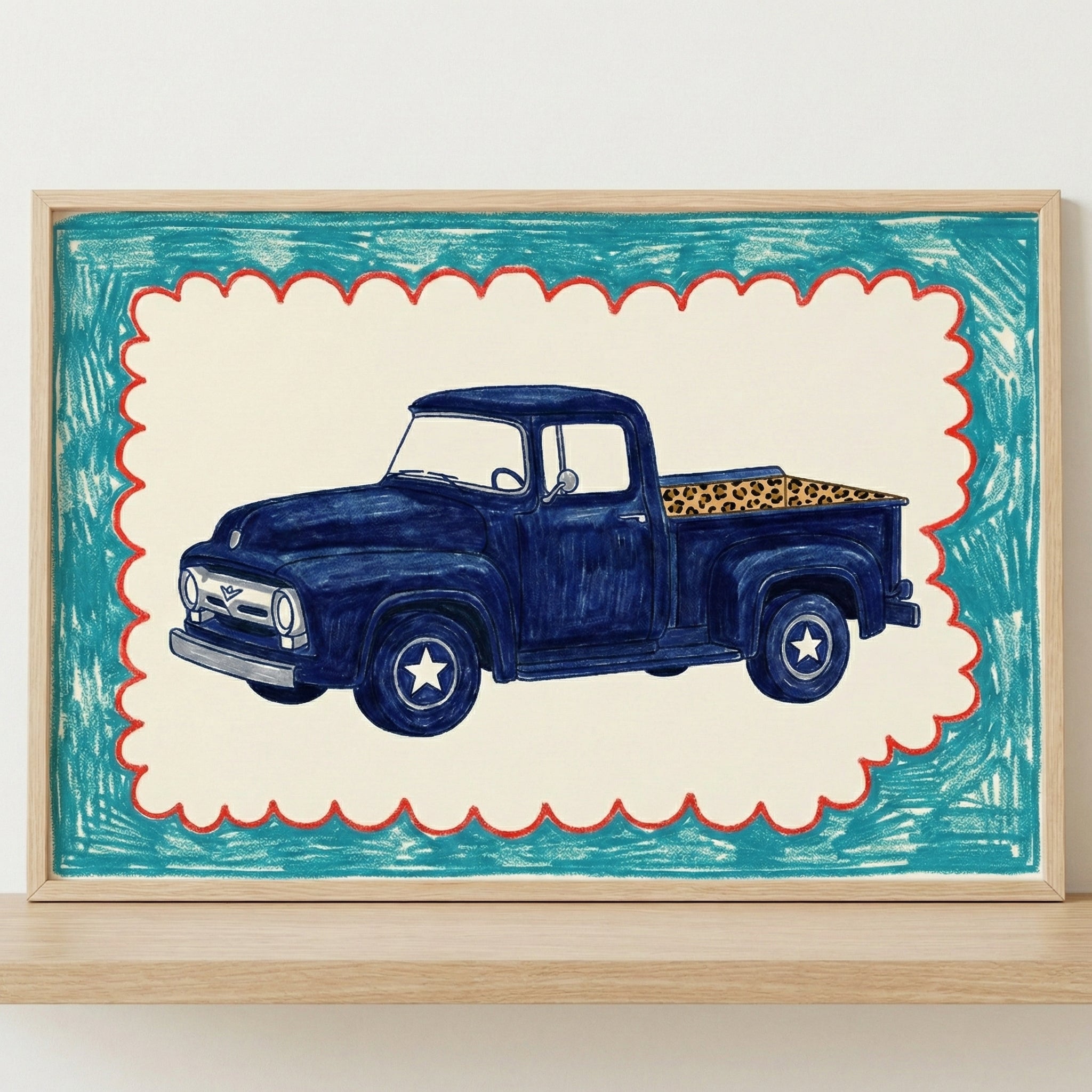 Framed illustration of a vintage navy blue pickup truck with star decals on the wheels and a leopard print truck bed, set against a playful cream background with red scalloped edging and teal crayon-style border.