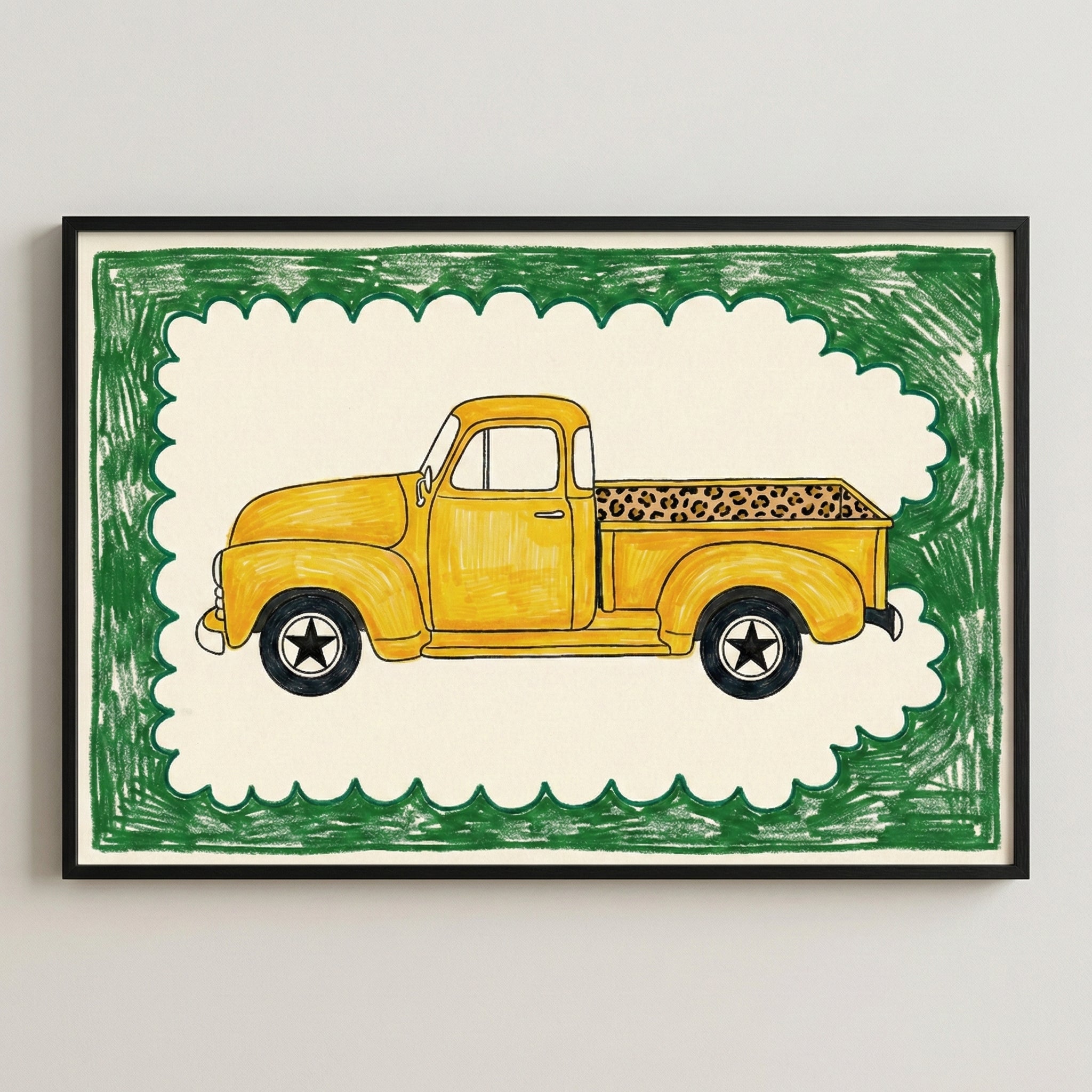 Illustration of a vintage yellow pickup truck with leopard print detailing in the truck bed, centered on a cream background with a scalloped green crayon-style border.