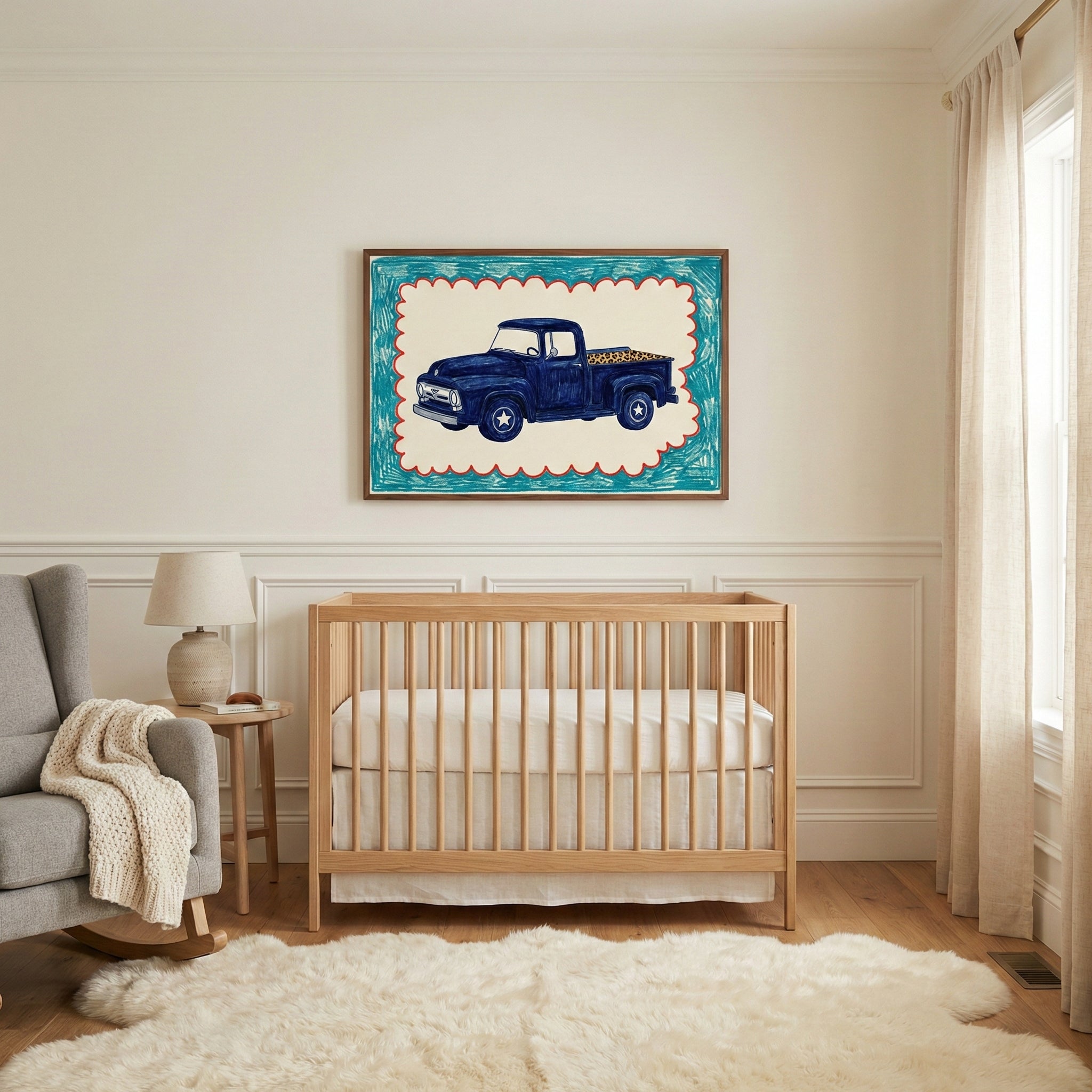Framed artwork of a navy blue vintage truck with leopard print truck bed hangs above a natural wood crib in a softly lit, modern nursery with neutral decor and cozy textures.
