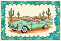 Illustrated drawing of a mint green vintage convertible car parked in a desert landscape with tall green cacti in the background. The car is filled with patterned pillows, including red stars and leopard print, and the scene is framed with a playful teal and scalloped border.