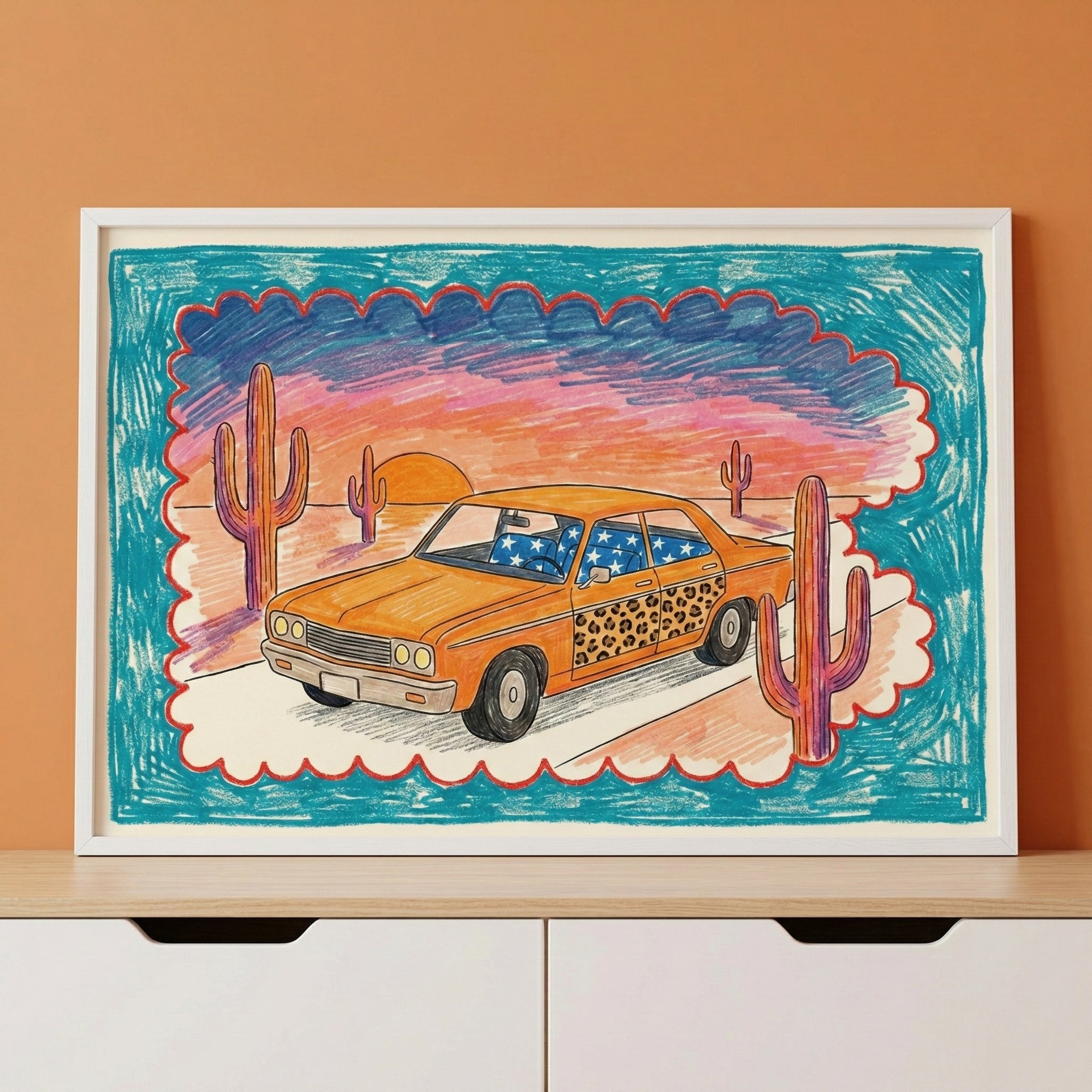 Wild West Wheels - Desert Framed Wall Art for Nursery, Playroom or Kids Bedrooms
