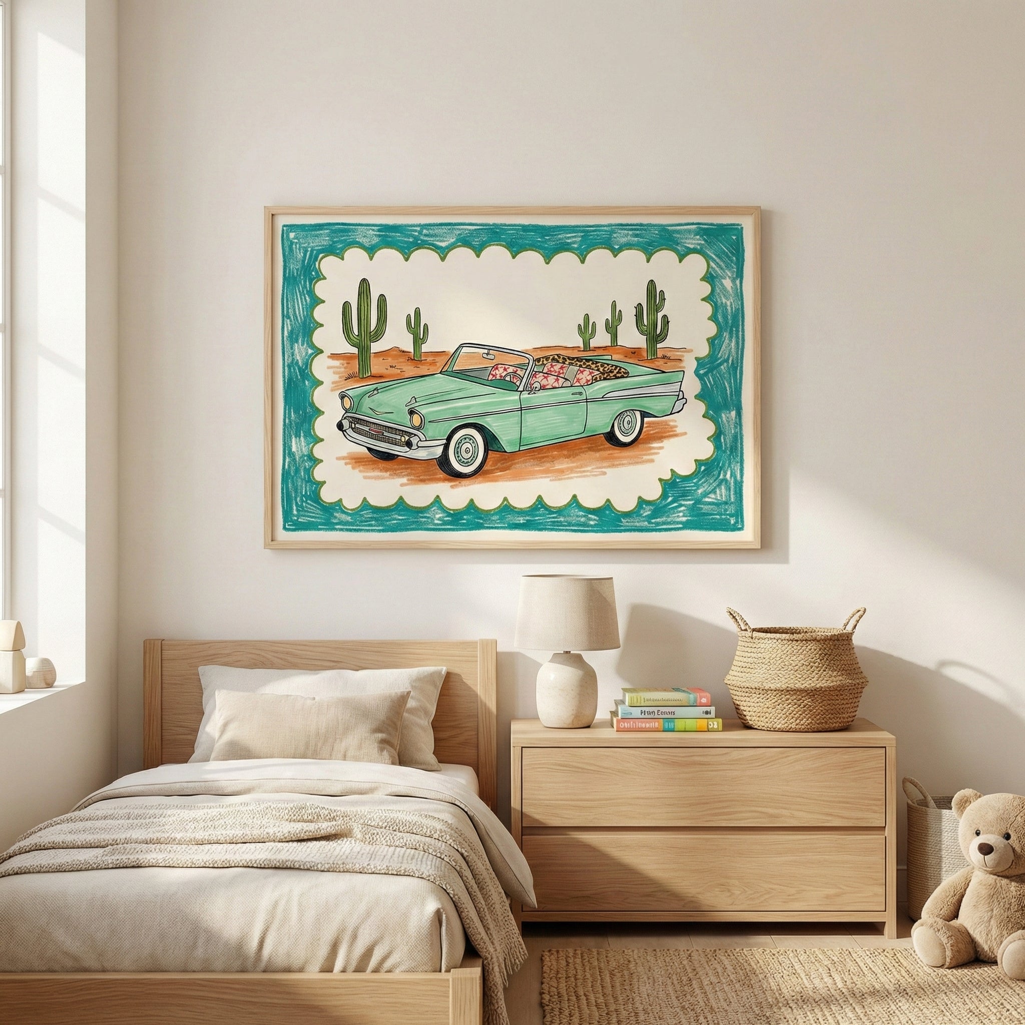 Bright bedroom featuring a large framed illustration of a green car in a desert surrounded by cactus plants, hung above a wooden bed and nightstand with soft neutral bedding and decor.