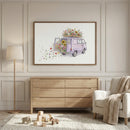 A soft, neutral-toned nursery displays a framed painting of a floral-filled purple van, with wildflowers spilling from the open back doors and roof. The blooming car artwork adds a cheerful, nature-inspired touch to the cozy space.