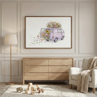 A soft, neutral-toned nursery displays a framed painting of a floral-filled purple van, with wildflowers spilling from the open back doors and roof. The blooming car artwork adds a cheerful, nature-inspired touch to the cozy space.