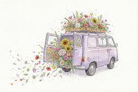 Watercolor illustration of a lavender-colored vintage van overflowing with colorful wildflowers, including sunflowers, daisies, and roses. Flowers burst from the open rear doors and crates on the roof, with petals and leaves swirling through the air in a whimsical, nature-inspired scene.