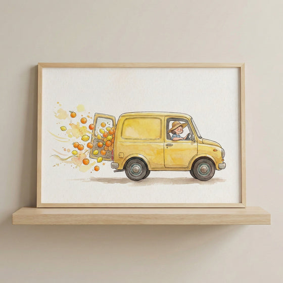Framed illustration of a happy young woman driving a small yellow delivery van bursting with oranges and citrus fruits from the open back door. The flying fruit adds a splash of bright color and playful energy.
