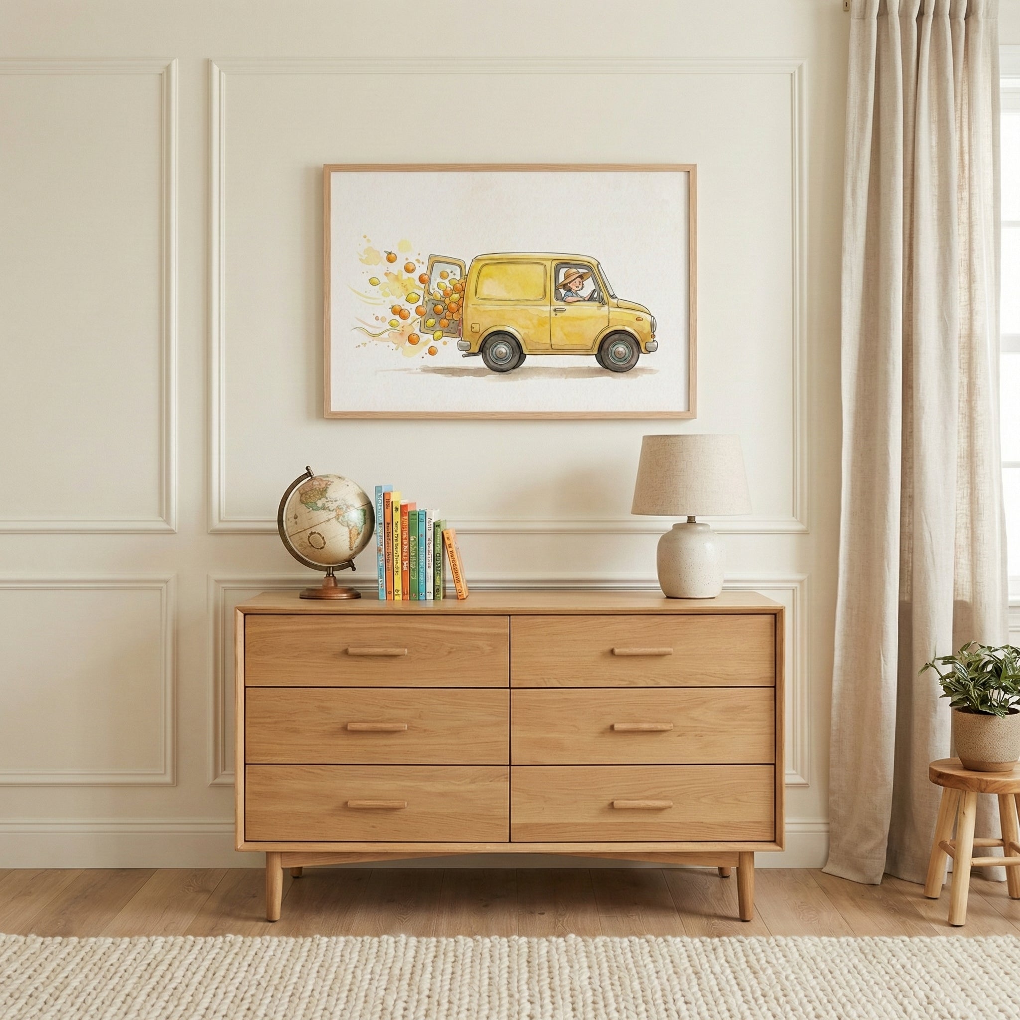 Sunny citrus van artwork hung above a wooden dresser in a classic children's room. The painting features a yellow van trailing a flurry of oranges and leaves, with a smiling driver creating a warm and friendly atmosphere.